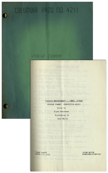Moe Howards 10pp. Script Dated April 1953 for The Three Stooges Film Pals and Gals, Working Title Cuckoo Westerners -- Moes Notes on Back Cover -- With Extra 2pp. Shot List -- Very Good